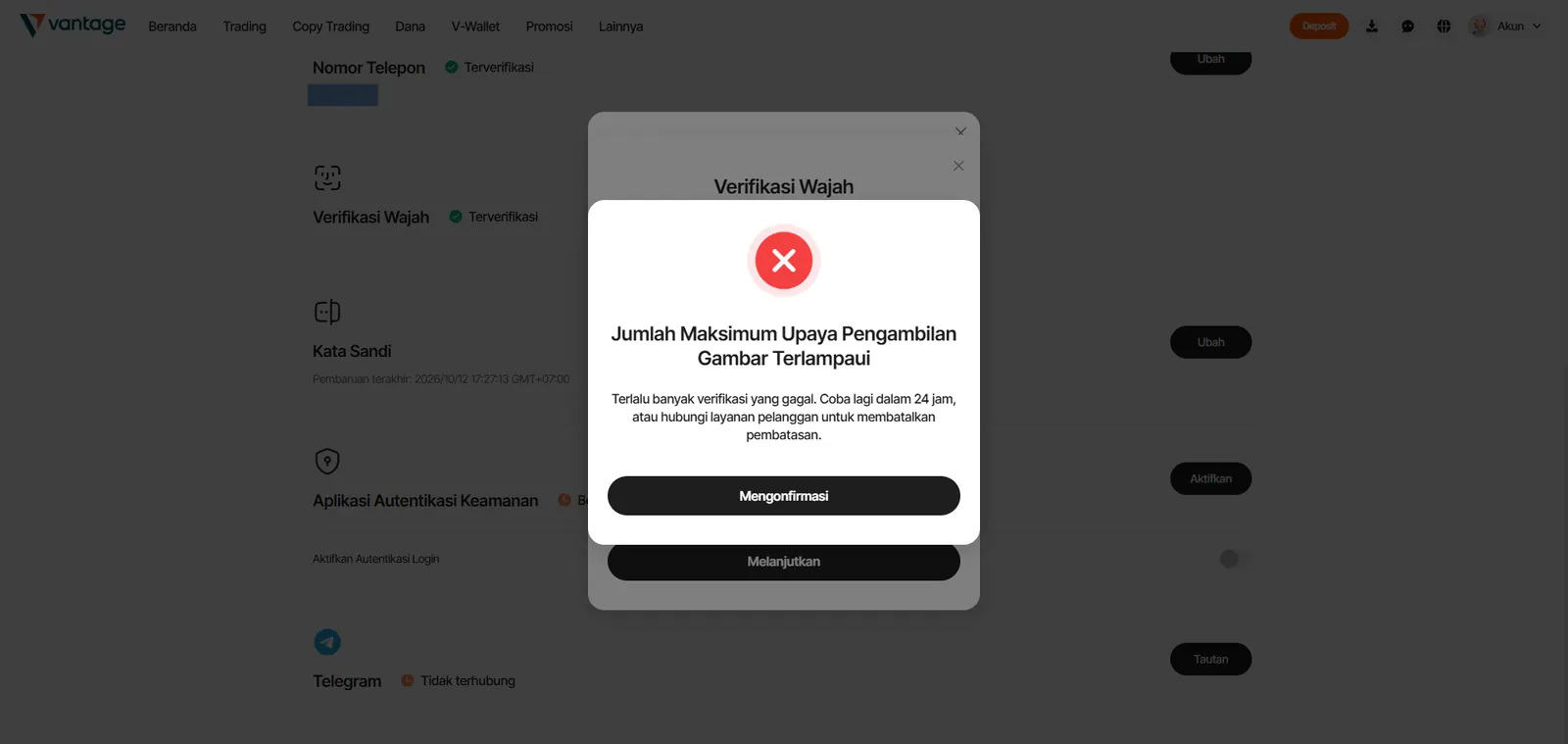 Verifikasi wajah terkunci 24 jam di portal Vantage