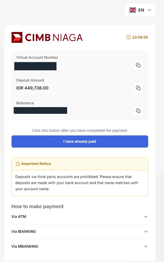 Halaman Virtual Account CIMB Niaga untuk deposit, nomor disensor