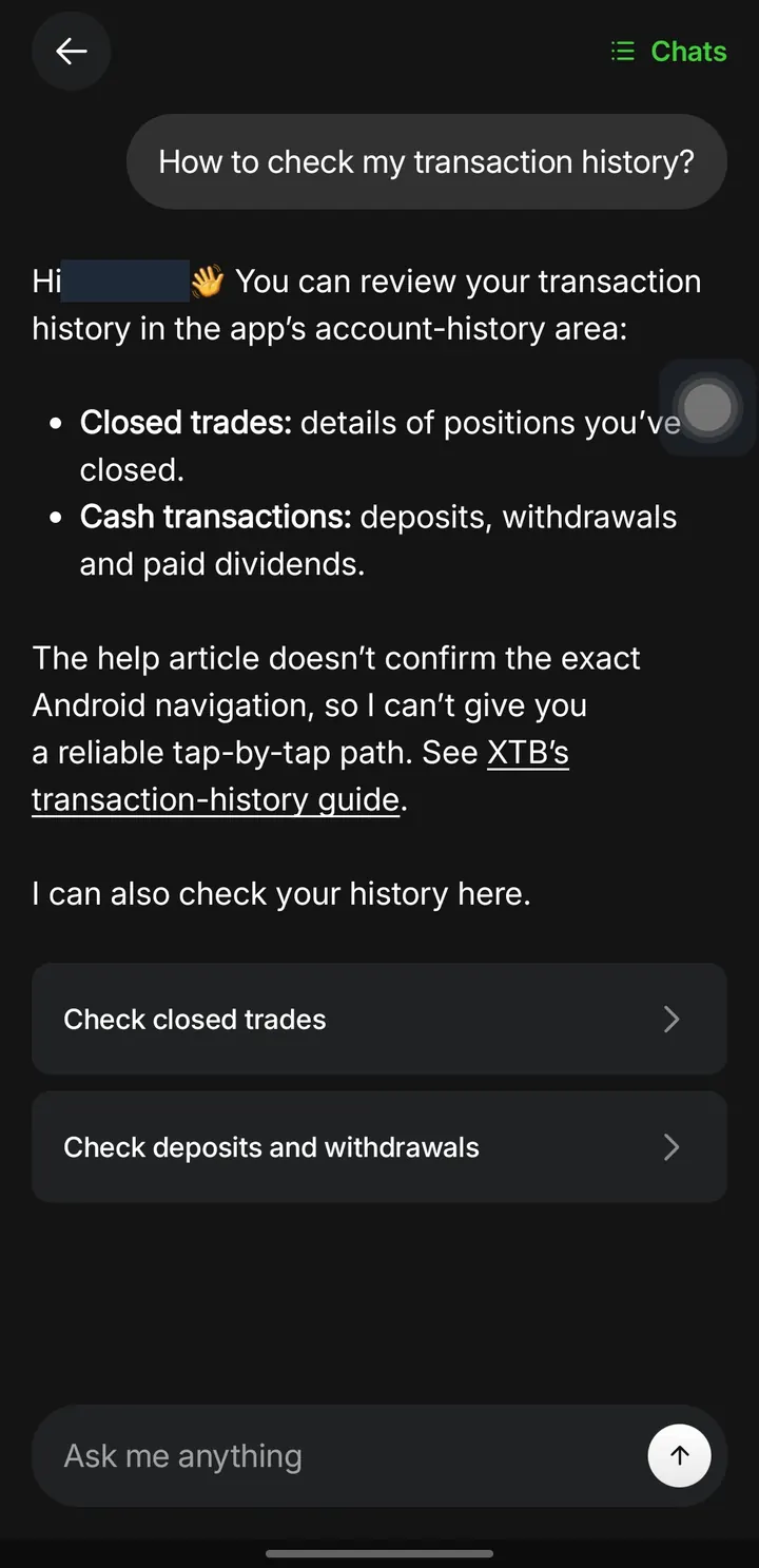 Asisten AI di aplikasi XTB, nama disensor