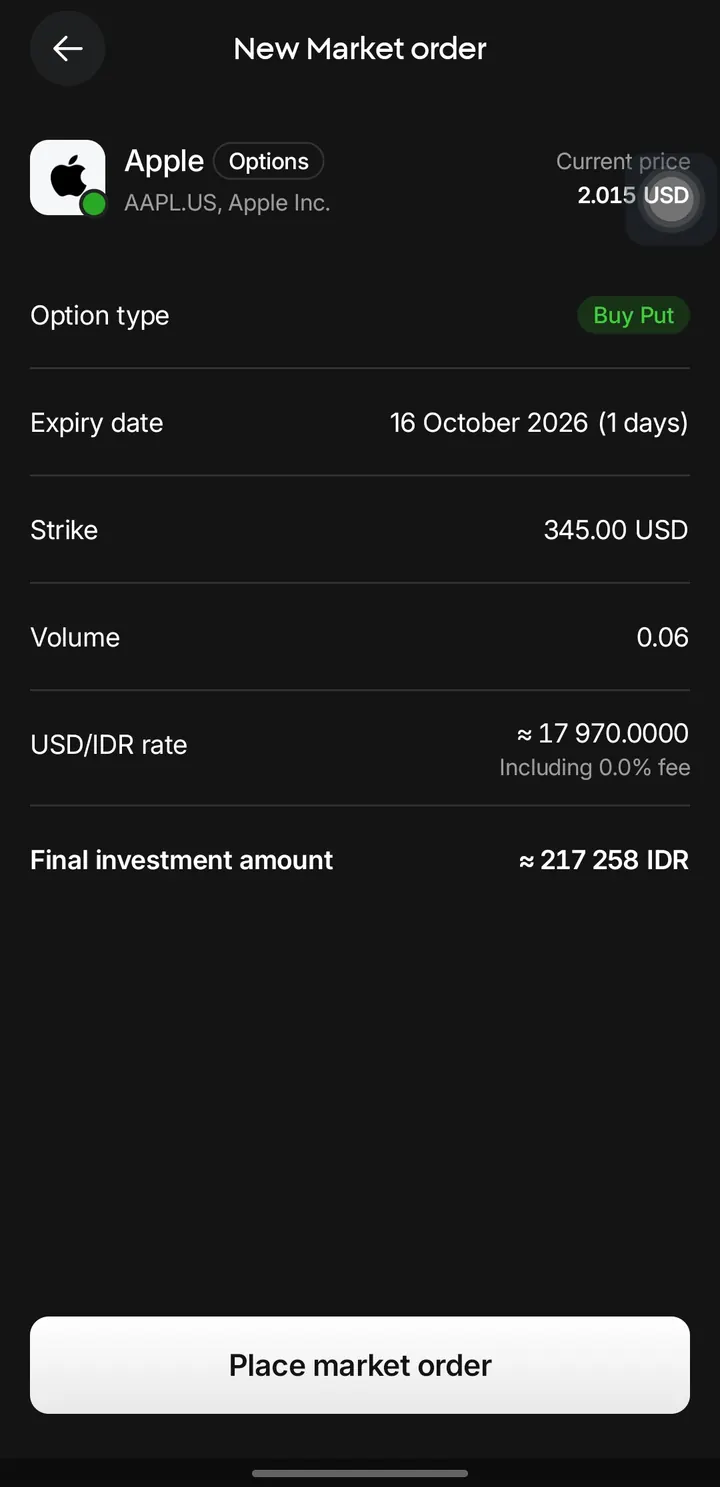 Konfirmasi order pasar dengan kurs USD/IDR di aplikasi XTB