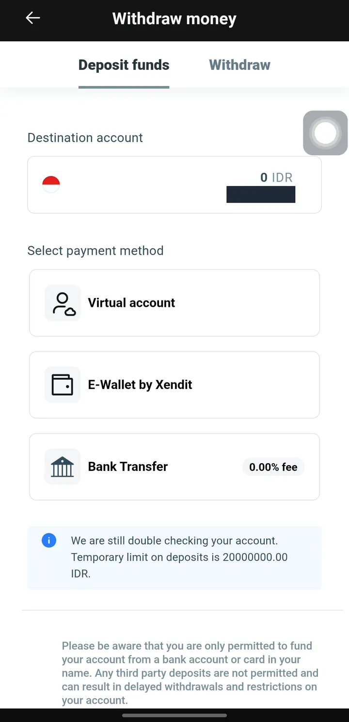 Menu deposit di aplikasi XTB
