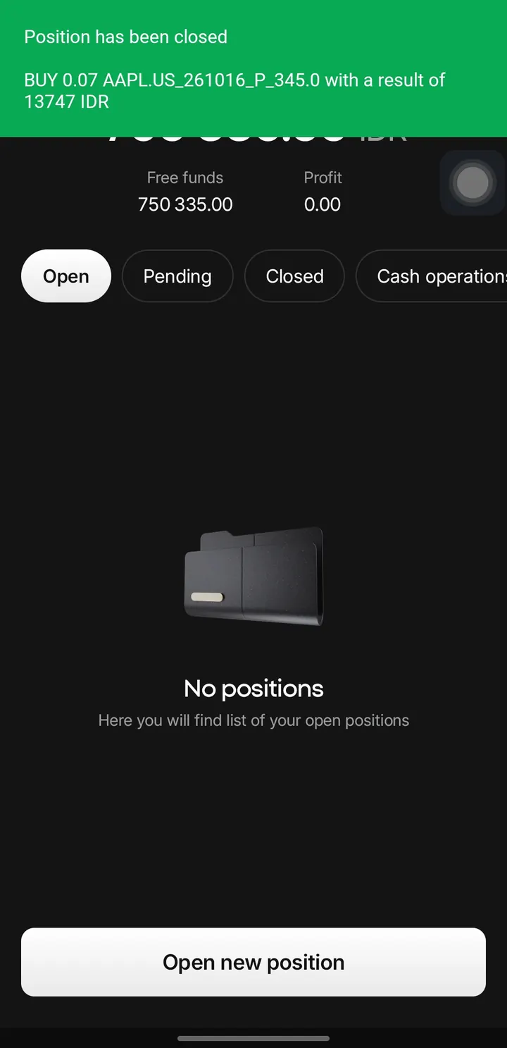 Notifikasi posisi ditutup di aplikasi XTB