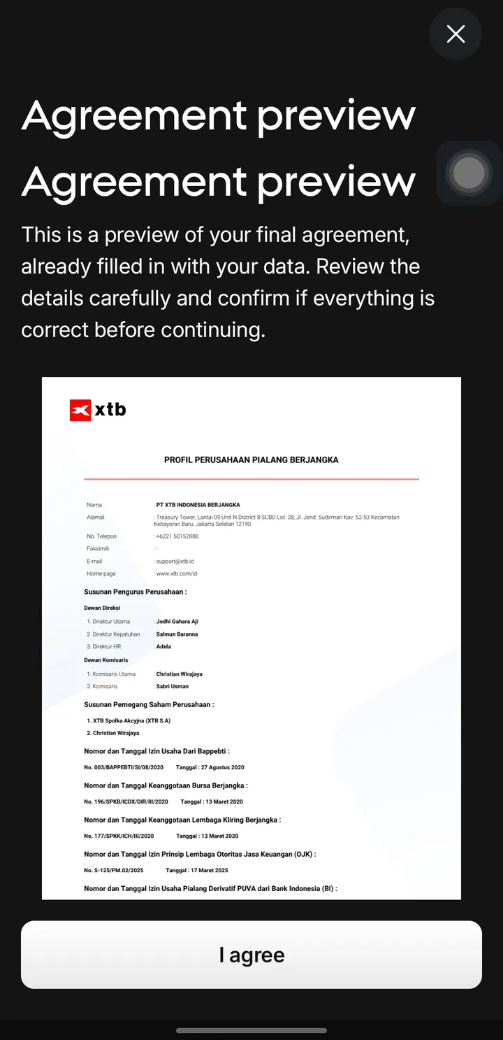 Pratinjau perjanjian di aplikasi XTB dengan profil PT XTB Indonesia Berjangka
