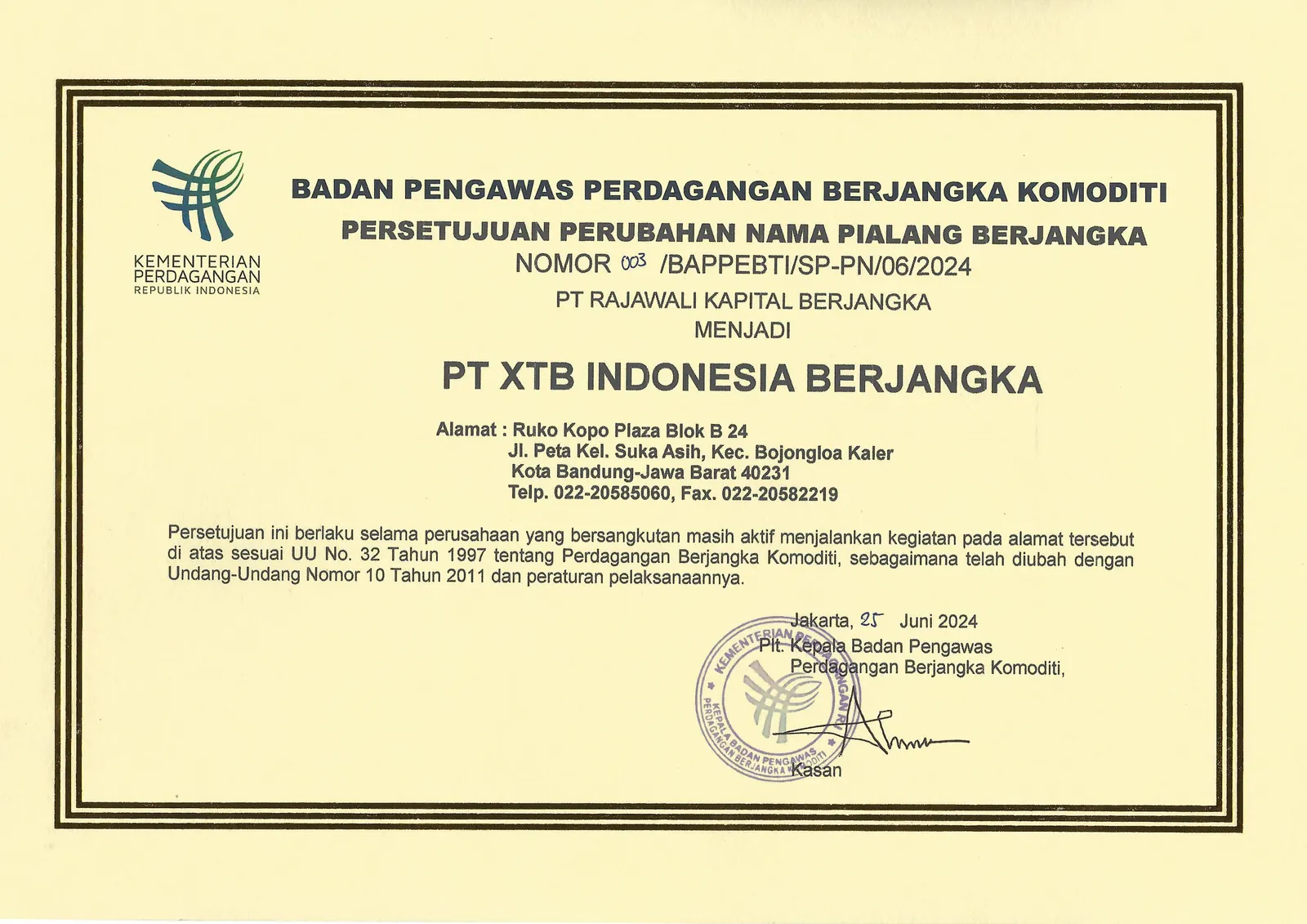 Sertifikat persetujuan Bappebti atas perubahan nama menjadi PT XTB Indonesia Berjangka