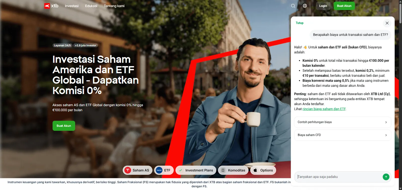 Chatbot XTB menjelaskan komisi dan biaya konversi