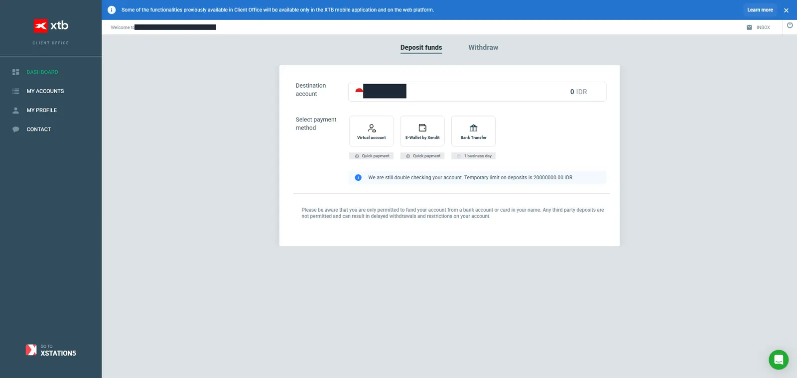 Pilihan metode deposit di Client Office XTB