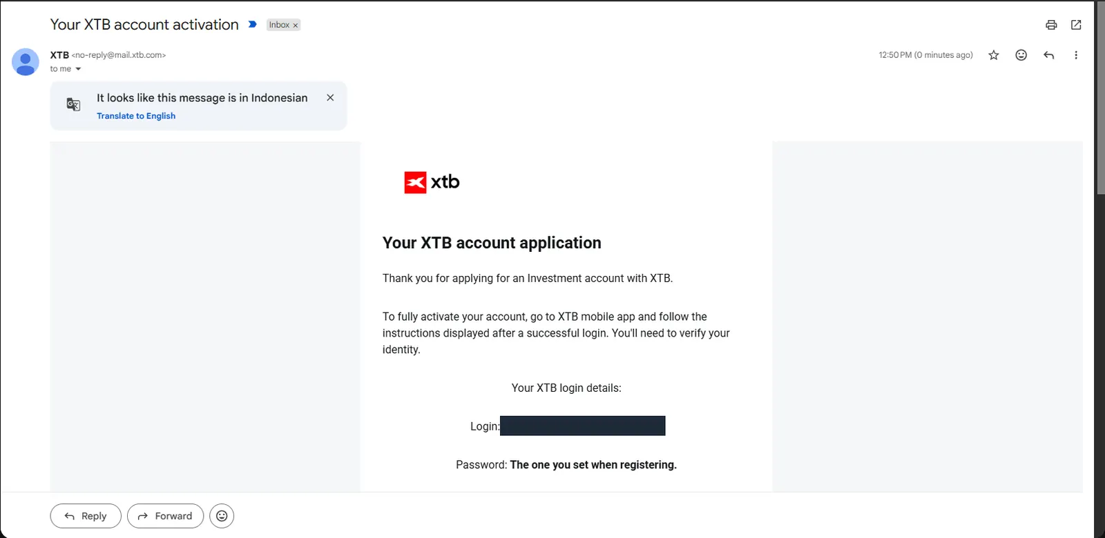 Email aktivasi akun XTB yang mengarahkan verifikasi ke aplikasi