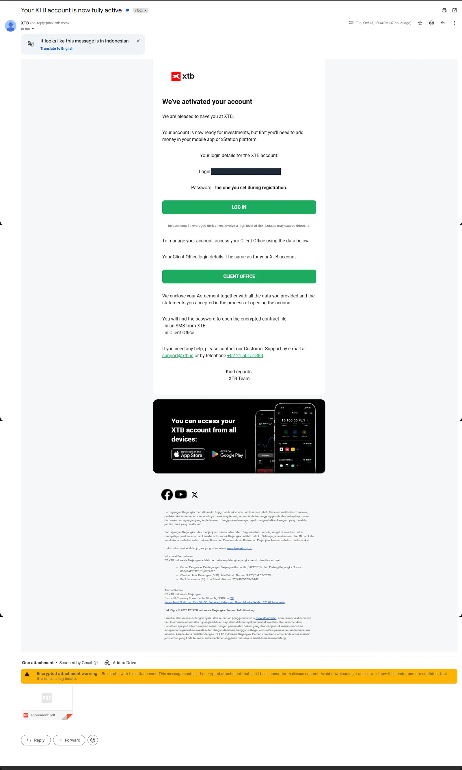 Email akun XTB aktif penuh dengan lampiran agreement.pdf