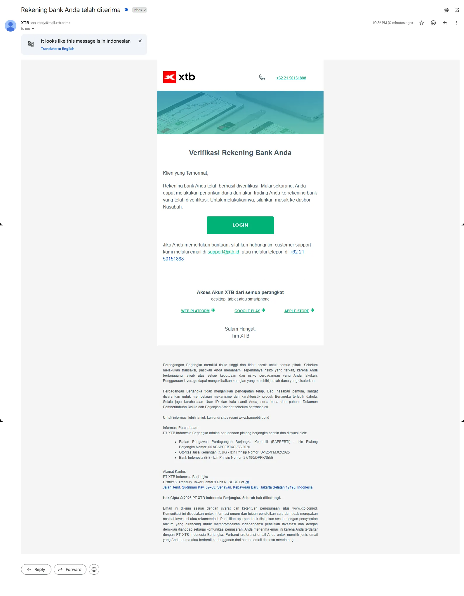 Email konfirmasi rekening bank diterima