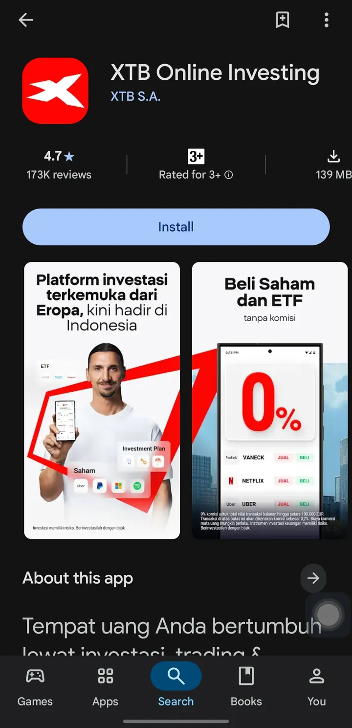Listing aplikasi XTB di Google Play