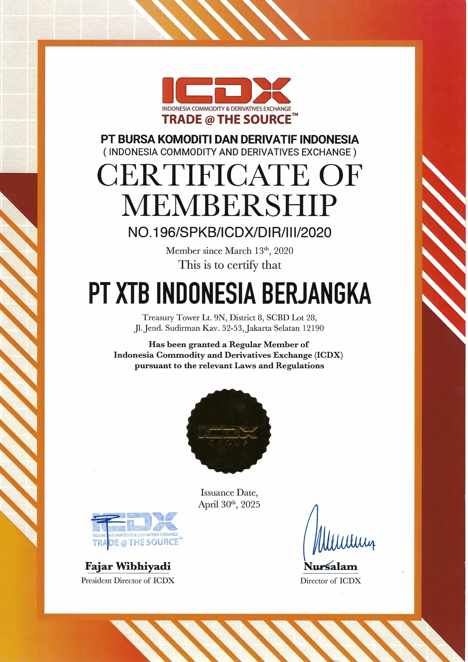 Sertifikat keanggotaan ICDX PT XTB Indonesia Berjangka