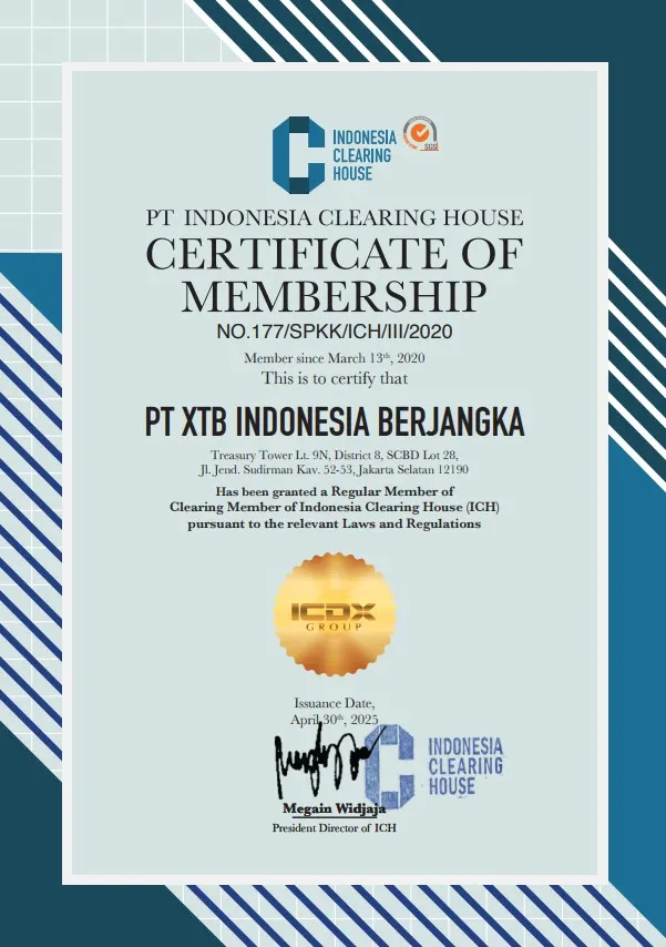 Sertifikat keanggotaan kliring Indonesia Clearing House PT XTB Indonesia Berjangka