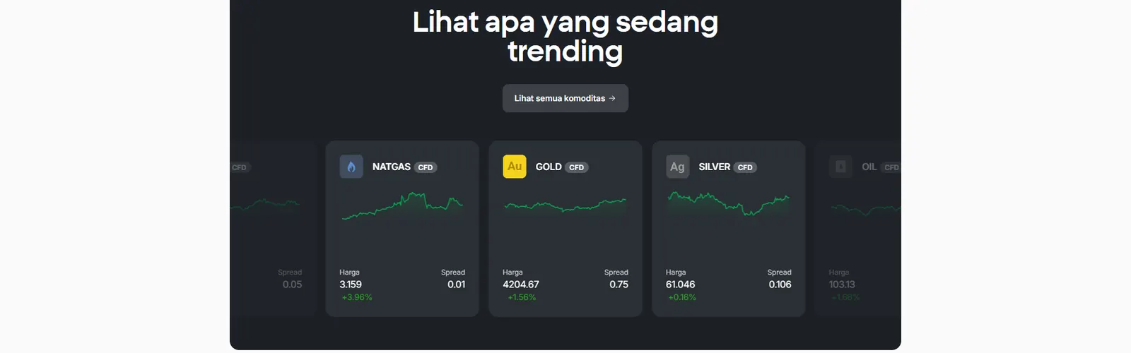 Spread CFD komoditas pada halaman XTB