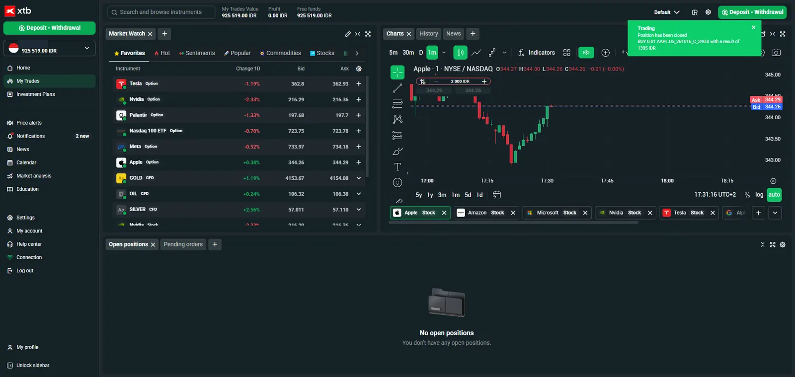 Konfirmasi posisi opsi ditutup di xStation 5